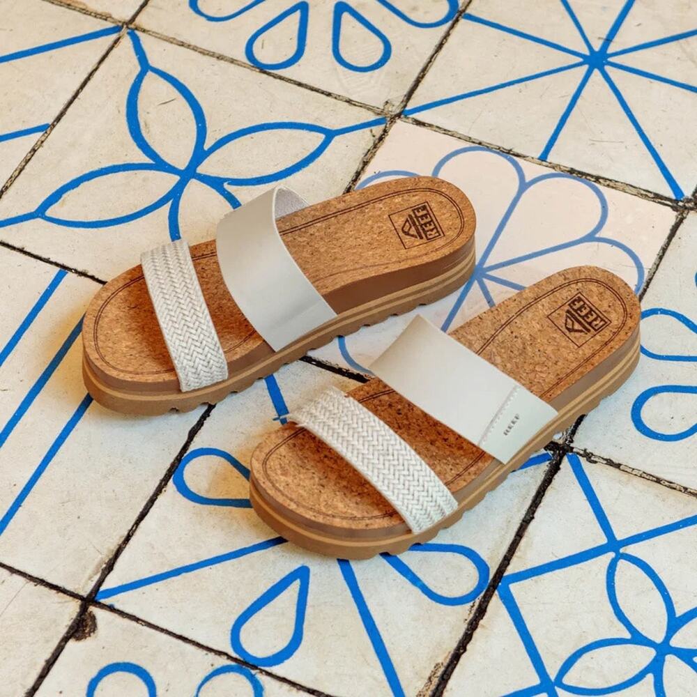 Reef Cushion Vista Hi Women 12 Arch Support Sandals Cream Cork Chunky Lug Vegan - Picture 10 of 15